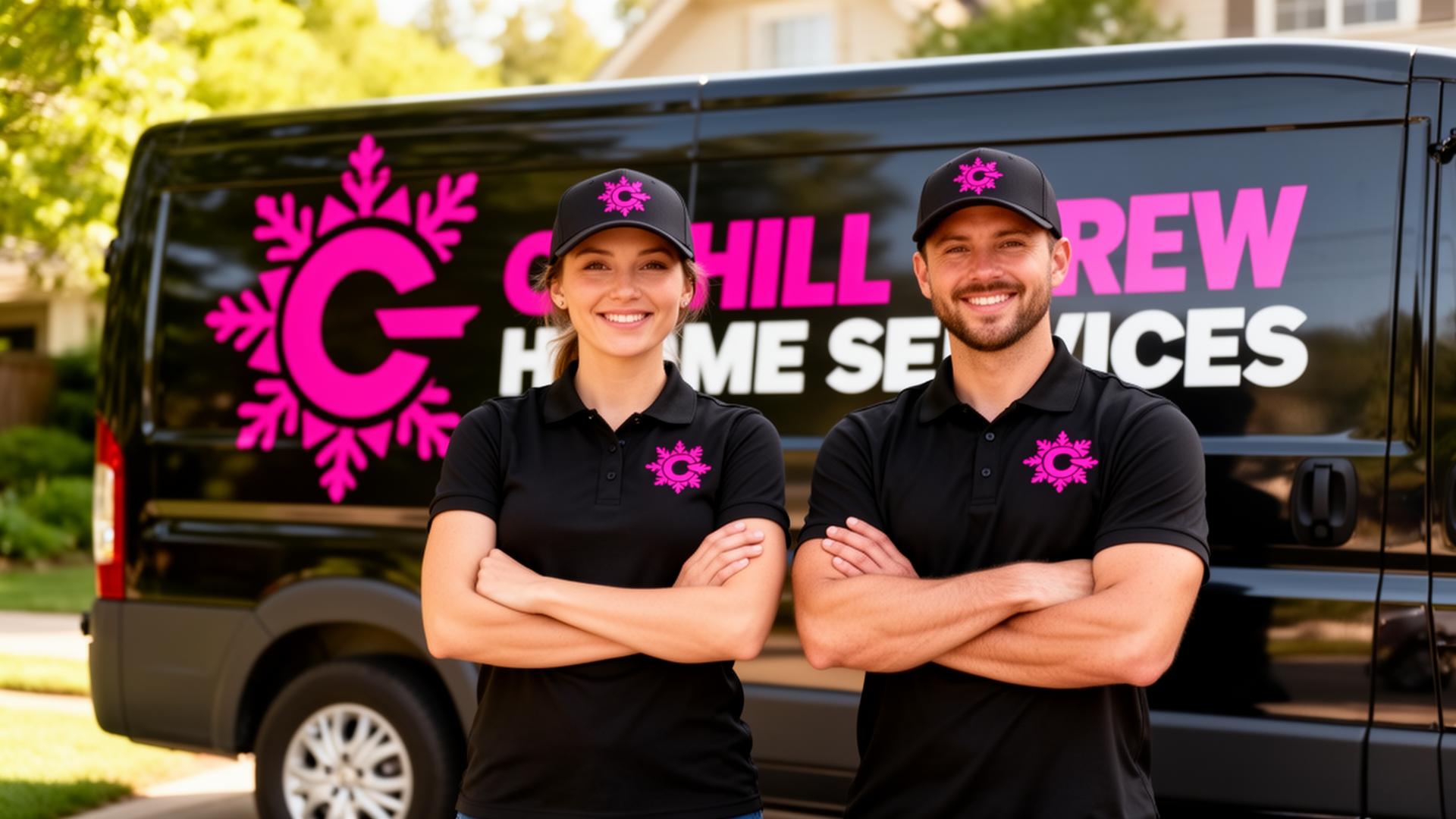 Chill Crew technicians in front of branded service van